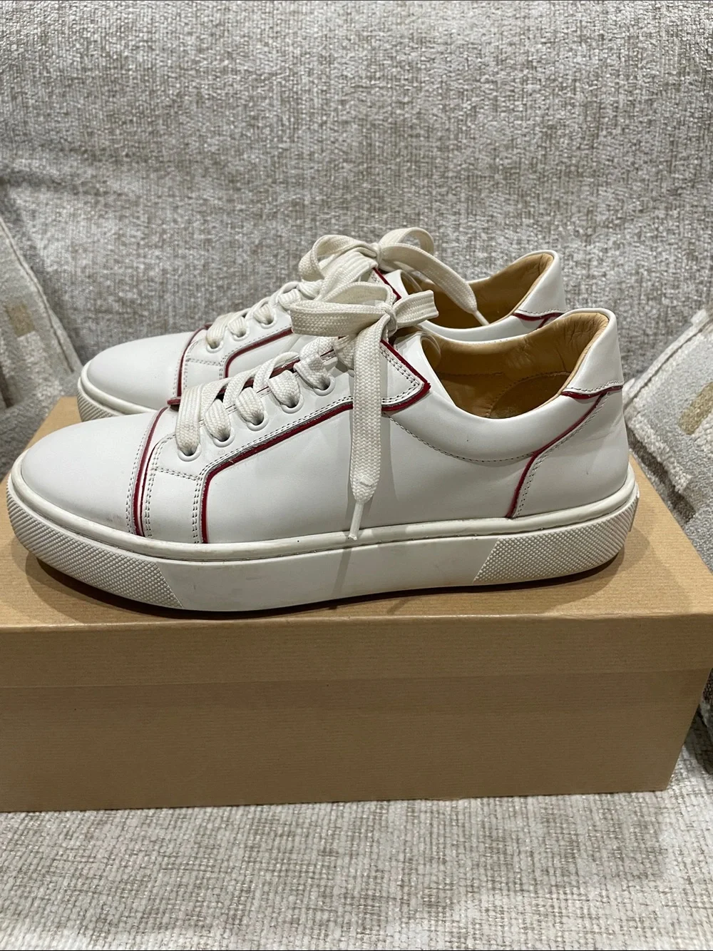 Christian Louboutin White Leather Low-Top Sneakers with Red Piping